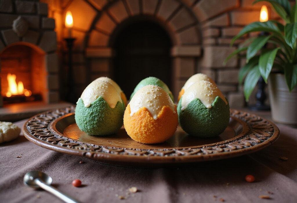 Dragon egg cake pops inspired by House of the Dragon, featuring Rhaenyra Targaryen’s regal theme in a medieval setting.