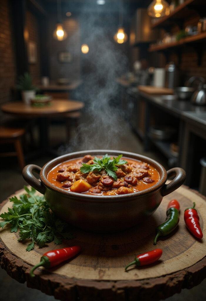 Hulk Always Angry Spicy Chili served in a rustic setting, featuring a hearty, spicy stew with fresh herbs and chili peppers in a superhero-themed environment.