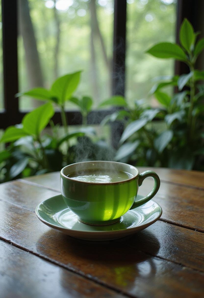 Hulk Bruce Banner's Calm Green Tea served in a ceramic cup in a peaceful green forest setting, highlighting freshness and calmness.