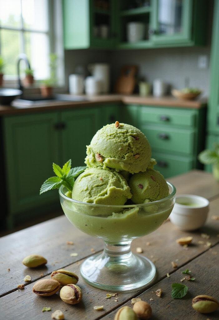 Hulk Code Green Pistachio Ice Cream served in a glass bowl with pistachios and mint leaves in a green-themed kitchen setting