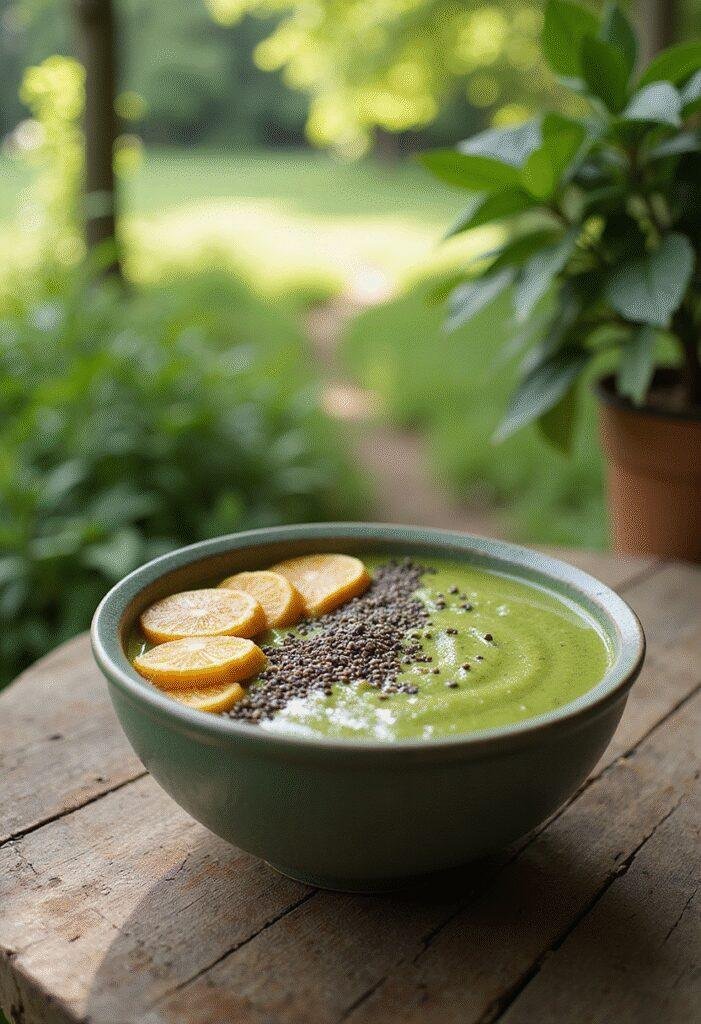 Hulk Gamma Radiation Green Smoothie Bowl shown as a vibrant, healthy smoothie bowl topped with fruit and seeds in a natural outdoor setting, inspired by superhero strength.