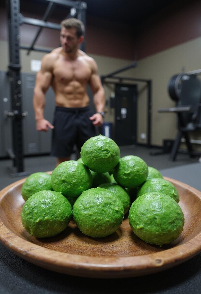 Hulk Hulk Out Energy Bites displayed on a wooden plate in a gym setting, highlighting a healthy green snack inspired by the Hulk.
