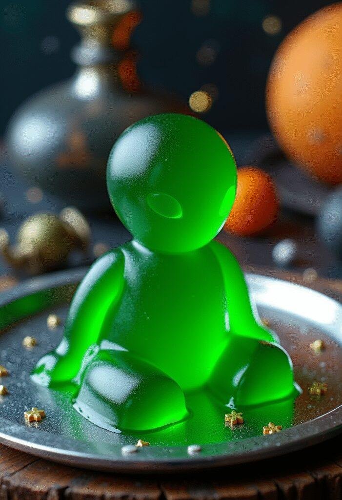 Hulk Planet Hulk green alien jello dessert plated in a sci-fi setting with cosmic background for a creative and realistic look.