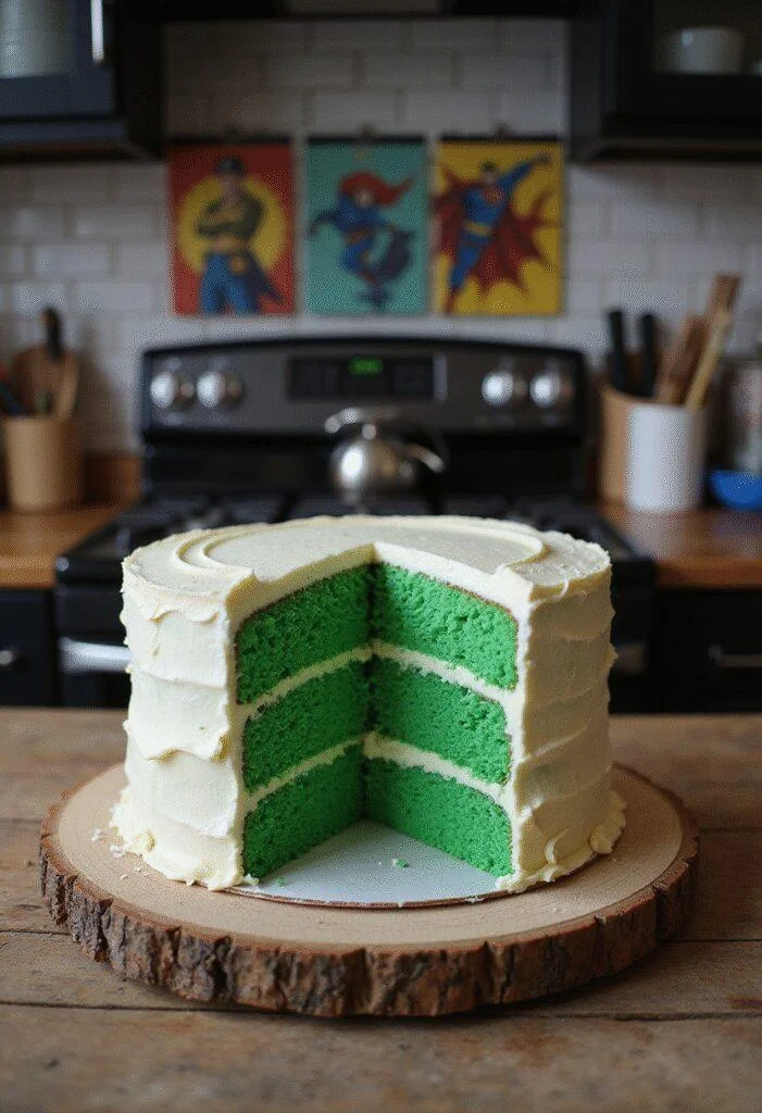 Hulk Puny God Green Velvet Cake displayed in a superhero-themed kitchen with vibrant green layers and cream cheese frosting.