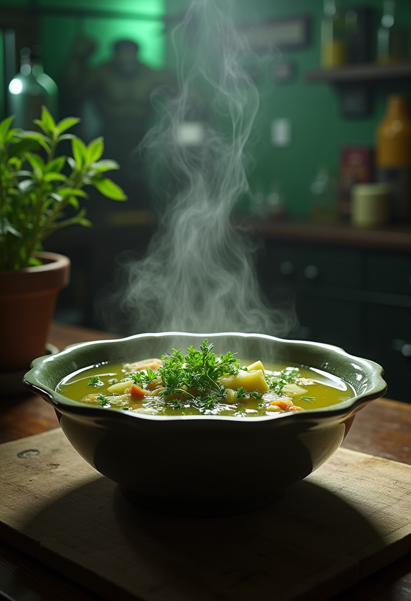 Hulk The Abomination's Bone Broth in a superhero-themed kitchen with a steaming bowl garnished with herbs and scientific decor