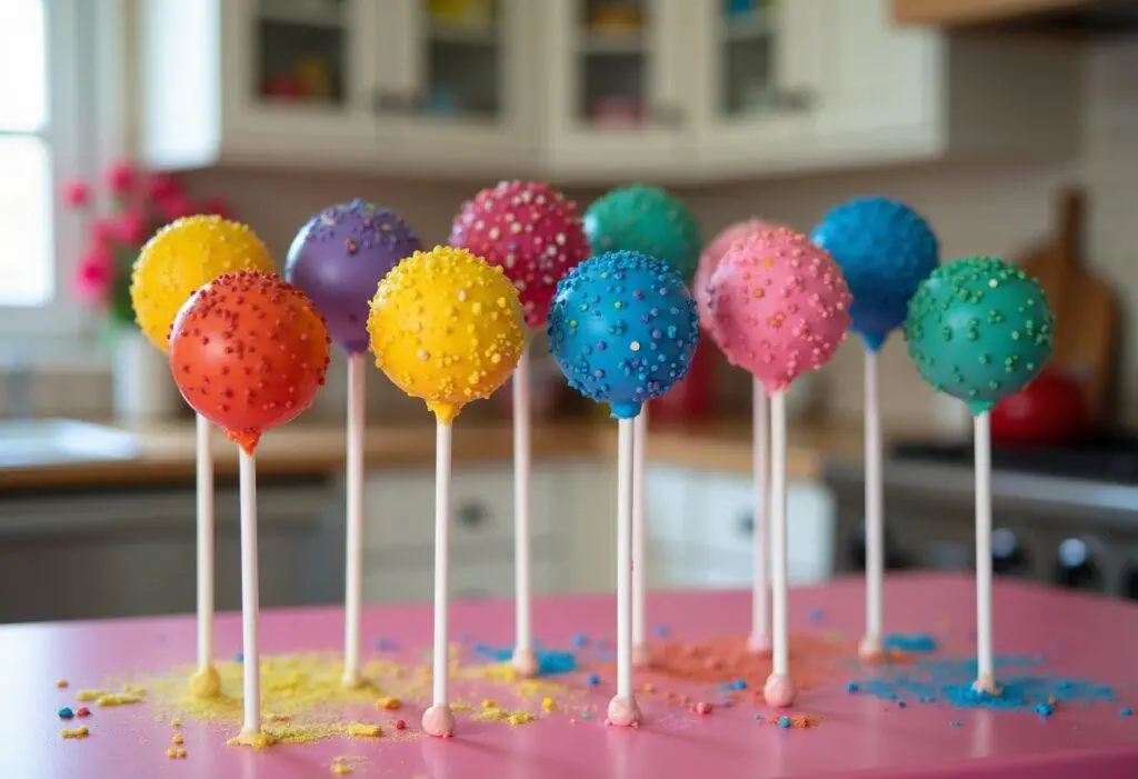 Memory orb cake pops inspired by Inside Out, emotion-themed food with colorful edible spheres, displayed on a bright themed table in a cheerful kitchen setting.