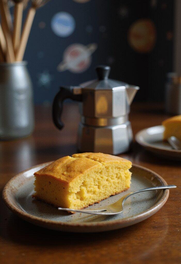 Interstellar Cooper's Cornbread served on a rustic plate with space-themed decor, capturing the essence of the movie's exploration spirit.