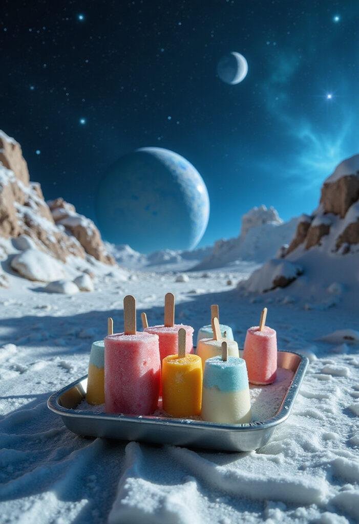Interstellar Mann's Planet ice popsicles on an icy alien landscape, realistic scene inspired by the movie Interstellar Mann's Planet.