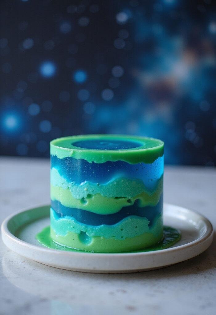 Interstellar Miller's Planet Wave Jello dessert with swirling colorful gelatin layers on a sci-fi themed kitchen countertop.