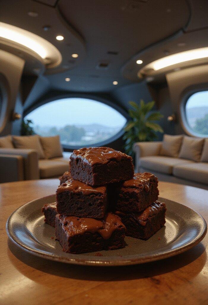 Interstellar Murph's Bookshelf Brownies on a wooden table in a spaceship-inspired setting, showcasing rich, fudgy chocolate brownies with a glossy finish.