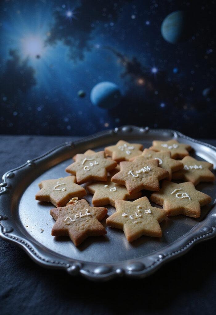 Interstellar Stay Morse Code Cookies displayed on a metallic tray with starry galaxy background, perfect for space-themed celebrations or sci-fi fans.