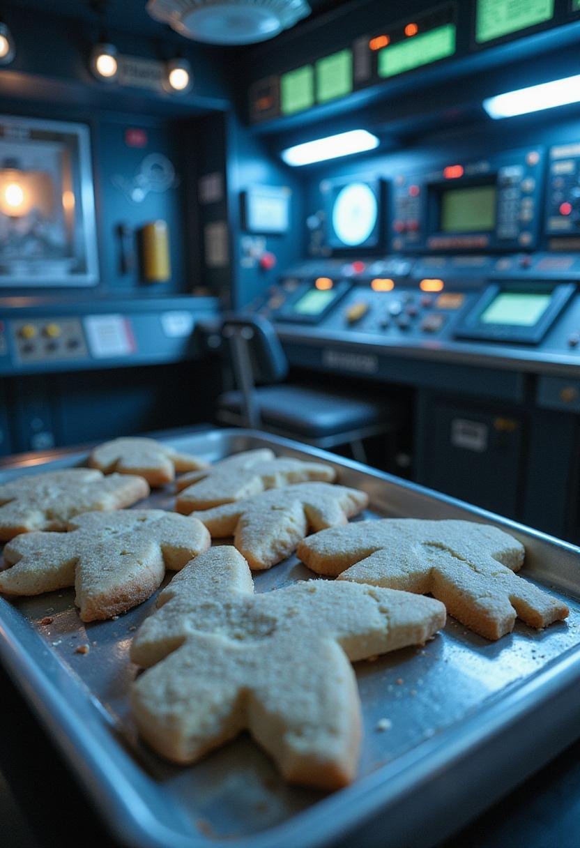 Interstellar spaceship sugar cookies on a metallic tray inside a futuristic spaceship kitchen with sci-fi decor and soft blue lighting.