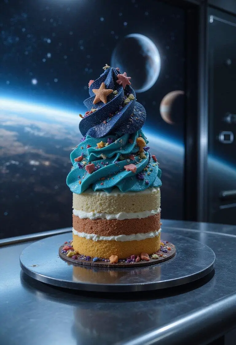 Interstellar The Fifth Dimension Layered Cake with cosmic frosting in a space-themed futuristic setting