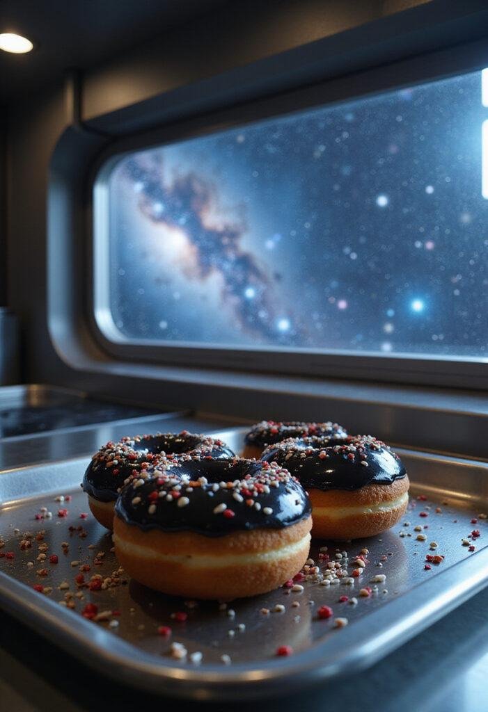 Interstellar Black Hole Donuts on a metallic tray in a spaceship kitchen with galaxy view