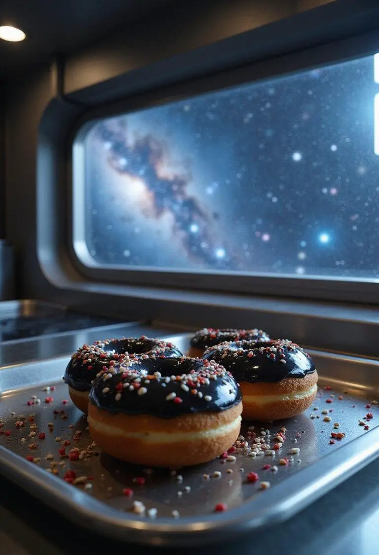 Interstellar Black Hole Donuts on a metallic tray in a spaceship kitchen with galaxy view