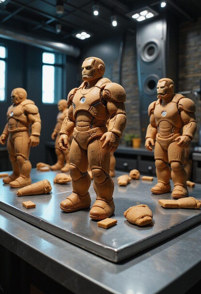 Iron Man Hall of Armor gingerbread cookies displayed in a high-tech Marvel-themed workshop for realistic dessert scene
