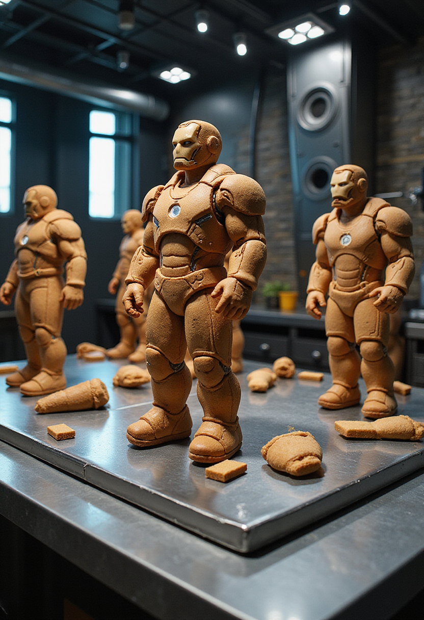 Iron Man Hall of Armor gingerbread cookies displayed in a high-tech Marvel-themed workshop for realistic dessert scene