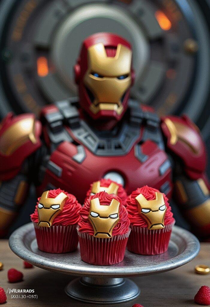 Iron Man themed red and gold cupcakes decorated as superhero cupcakes in a Marvel-inspired kitchen setting