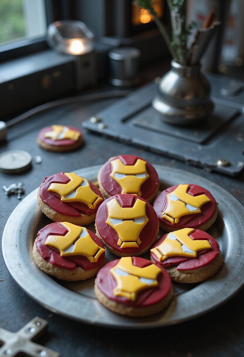 Iron Man J.A.R.V.I.S. Smart Cookies displayed on a futuristic workspace with metallic decor, emphasizing the themed and decorated cookies inspired by Iron Man and J.A.R.V.I.S.
