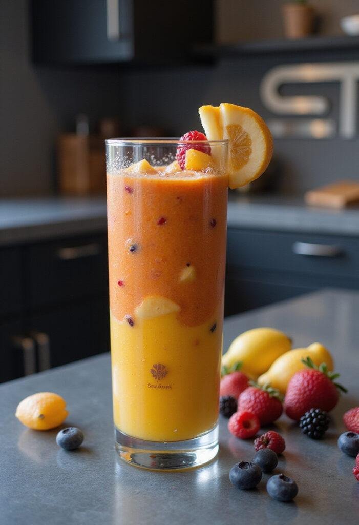 Iron Man Pepper Potts Stark Industries Power Smoothie in a high-tech setting with fresh fruits and Stark branding