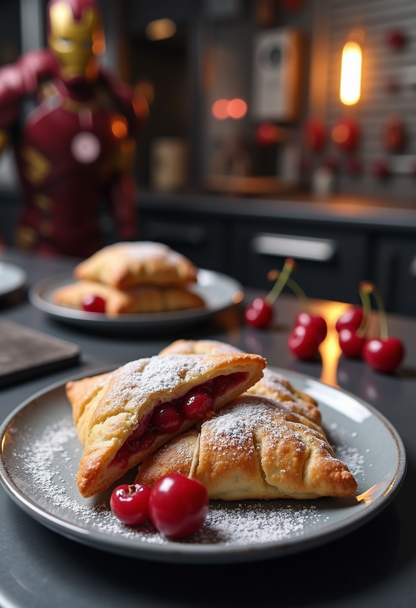 Iron Man inspired cherry turnovers on a Marvel-themed table, showcasing a hero's sweet side in a realistic, high-tech scene.
