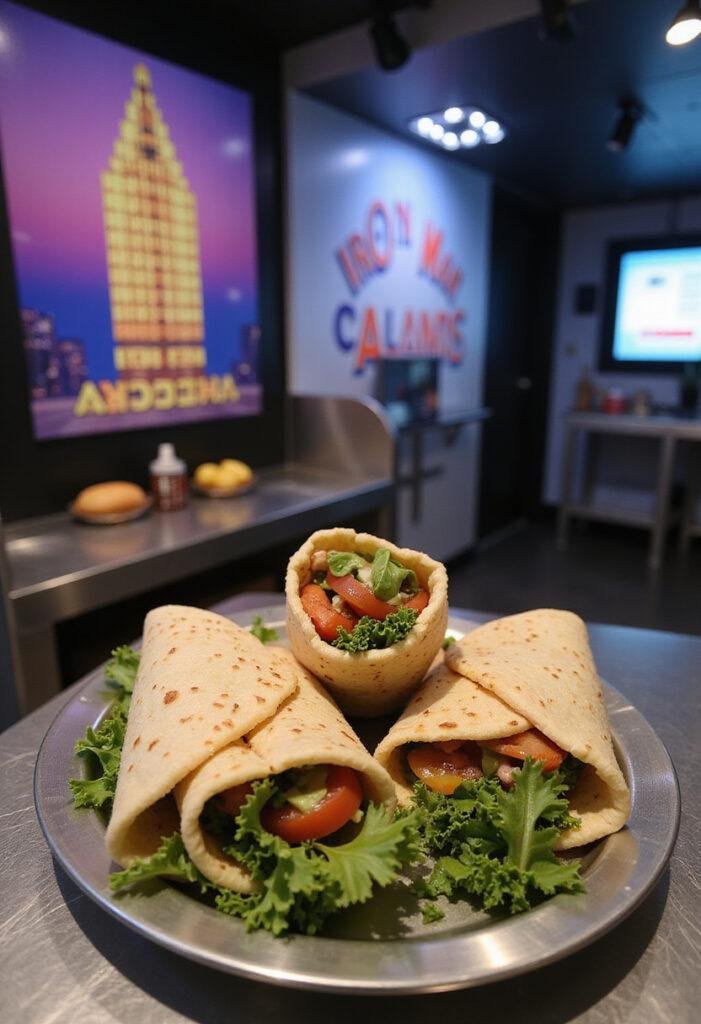 Iron Man Stark Tower Shawarma Wraps plated attractively, inspired by Stark Tower, in a modern kitchen setting showcasing the delicious wrap.