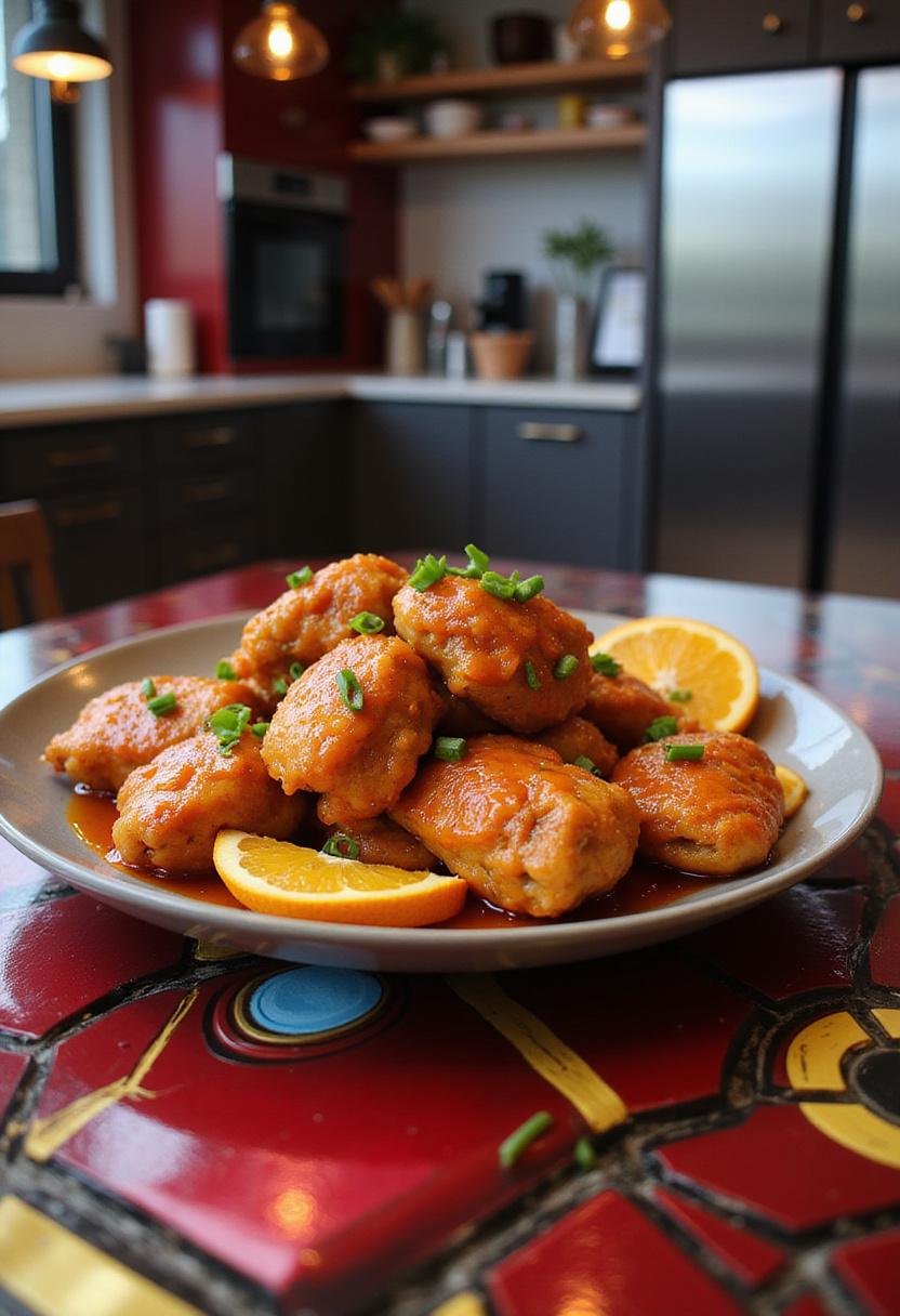 Iron Man The Mandarin's Orange Chicken plated with orange slices and green onions on a Marvel-inspired high-tech table.