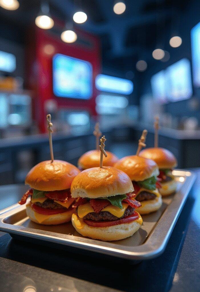 Tony Stark's Cheeseburger Sliders plated in a high-tech kitchen showcasing mini cheeseburgers with melted cheese and crispy bacon, inspired by Iron Man.