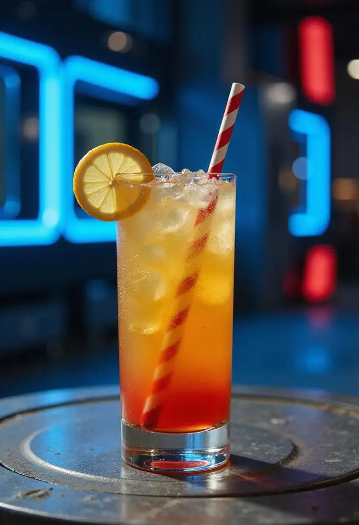 Iron Man Whiplash Electric Lemonade served in a futuristic setting with glowing accents and a lemon garnish, inspired by the Iron Man universe.