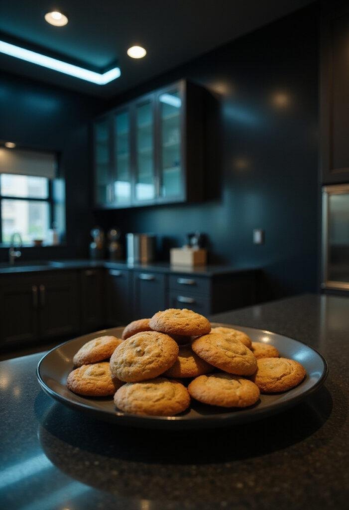 John Wick Adjudicator's Adjudication Cookies served on a stylish dark kitchen countertop in a noir-inspired scene.