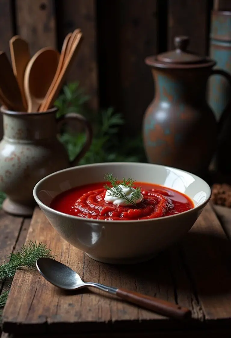 John Wick Baba Yaga Borscht in a rustic setting with fresh dill and sour cream, inspired by the dark, intense atmosphere of John Wick movies.