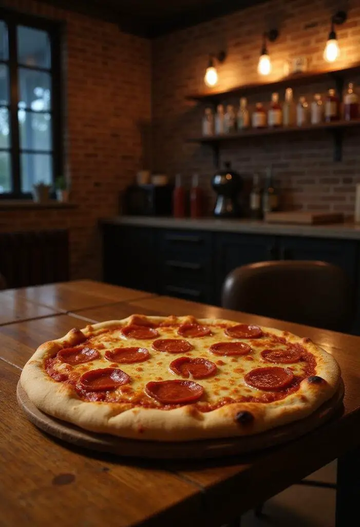 John Wick Dog's Pup-Peroni Pizza served on a rustic wooden table in a stylish, film noir-inspired kitchen setting, showcasing the savory toppings and melted cheese.