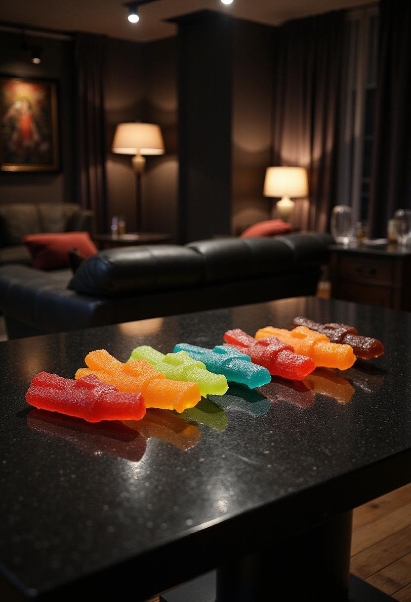 Realistic gummy guns inspired by John Wick in a stylish action movie setting, vibrant and detailed for an eye-catching display.