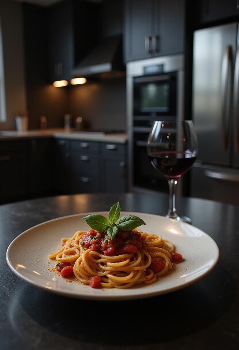 John Wick Parabellum Pasta served in a stylish setting with spicy tomato sauce, fresh basil, and red wine, inspired by the cinematic universe of John Wick.