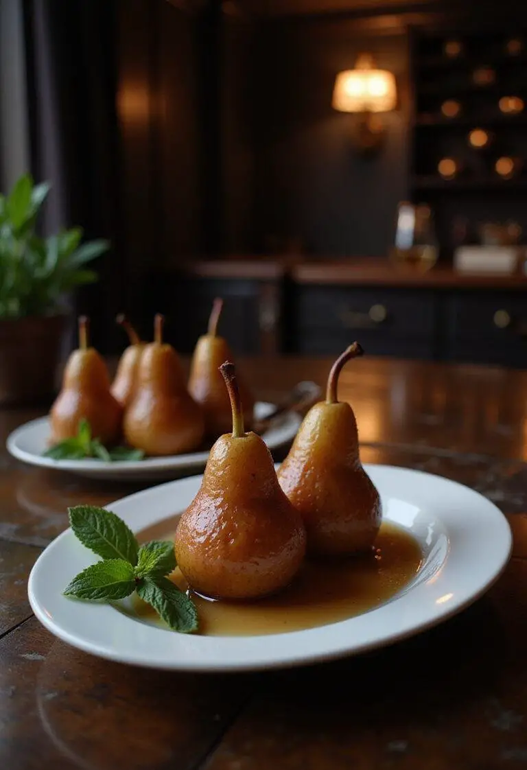 Wine-Poached Pears, non-alcoholic dessert in a stylish setting, inspired by John Wick's luxurious world, featuring glossy pears and fresh mint garnishes.
