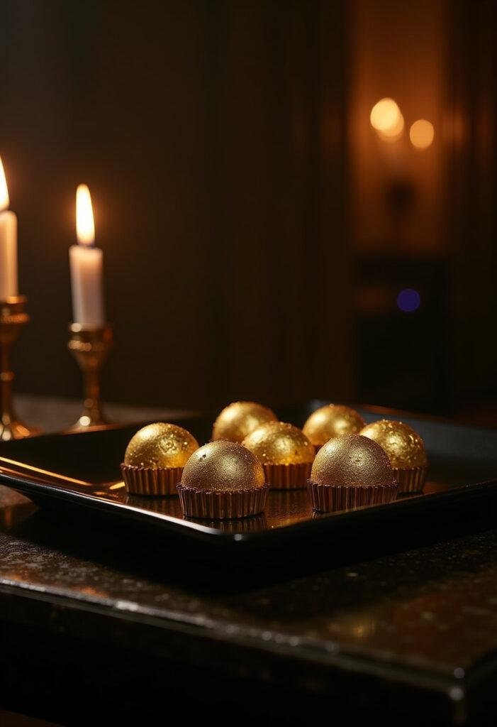 John Wick The Continental Gold Coin Chocolates plated in a luxurious setting with a dark, elegant background, highlighting the glossy gold wrapping of the chocolates.