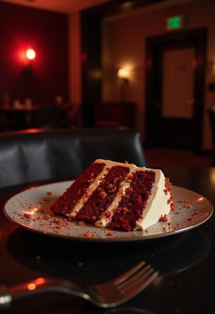 John Wick High Table Red Velvet Cake, beautifully plated with cream cheese frosting and gold accents, in a luxurious, moody setting inspired by the movie.