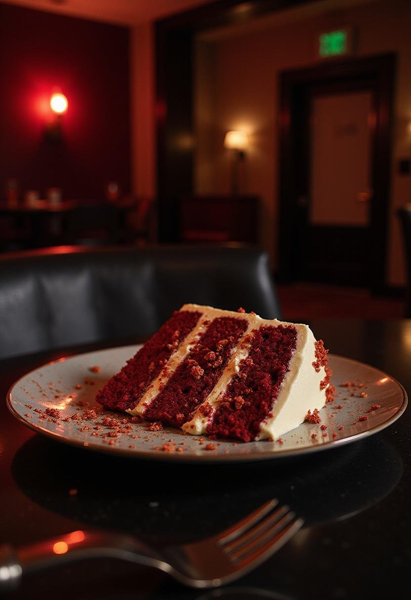 John Wick High Table Red Velvet Cake, beautifully plated with cream cheese frosting and gold accents, in a luxurious, moody setting inspired by the movie.