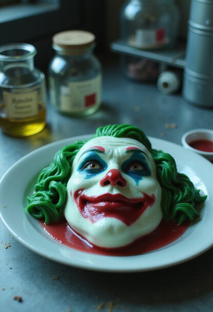 Joker Arkham State Hospital Jello dessert in a medical-themed setting with vibrant colors and eerie hospital decor, inspired by the Joker movie.