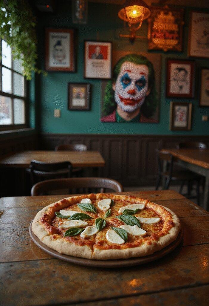 Joker Arthur Fleck's Happy Face Pizza plated on a rustic table with Joker-themed decorations, inspired by the movie's dark and colorful aesthetic.