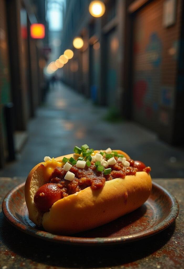 Joker Gotham's Gritty Chili Dog plated in a gritty Gotham City alley with chili, cheese, and onions on a hot dog.
