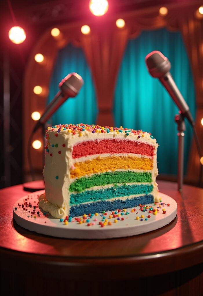Colorful Rainbow Cake inspired by the Joker Murray Franklin Show, featuring vibrant layers and festive decorations in a retro TV set scene.