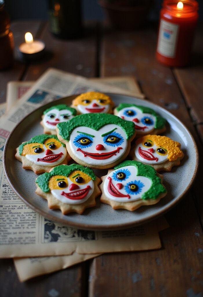 Joker Put on a Happy Face painted sugar cookies with colorful face designs displayed on a vintage table, inspired by comic book themes