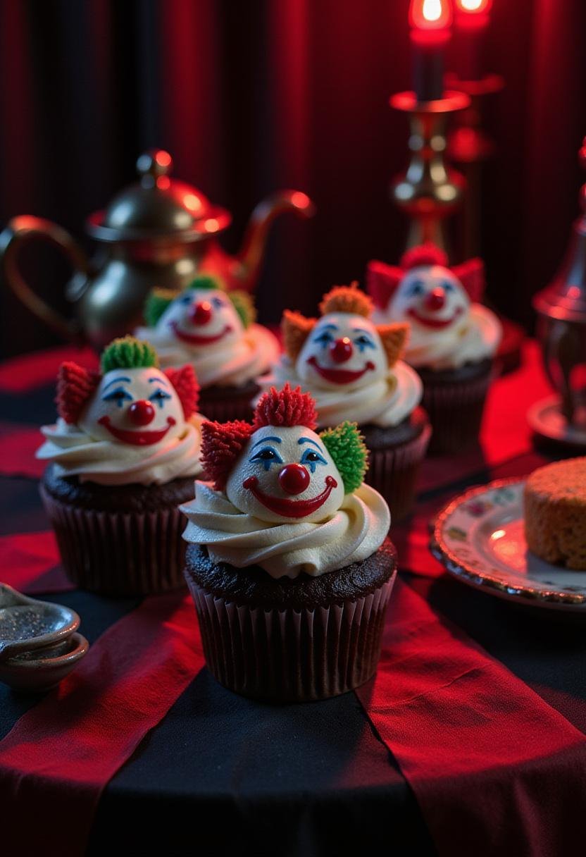 Joker Send in the Clowns cupcakes with clown-themed frosting and decorations on a dark carnival table, inspired by the Joker TV show and movie theme.