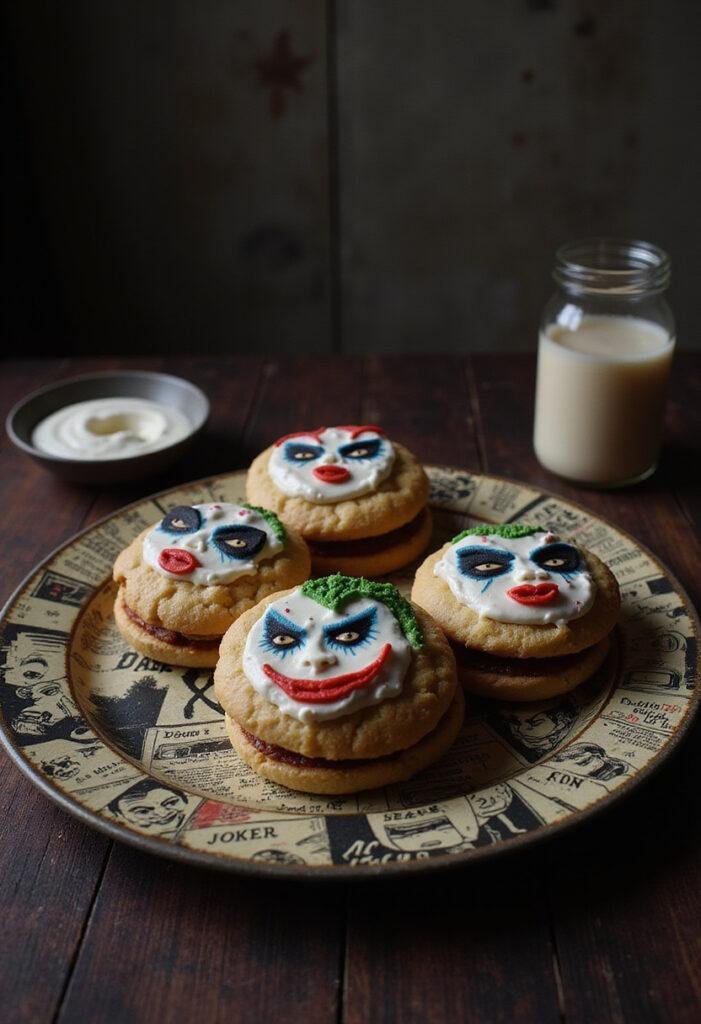 Joker The Comedian Whoopie Pies displayed on a comic-inspired platter in a theatrical setting, perfect for fans of the Joker character.