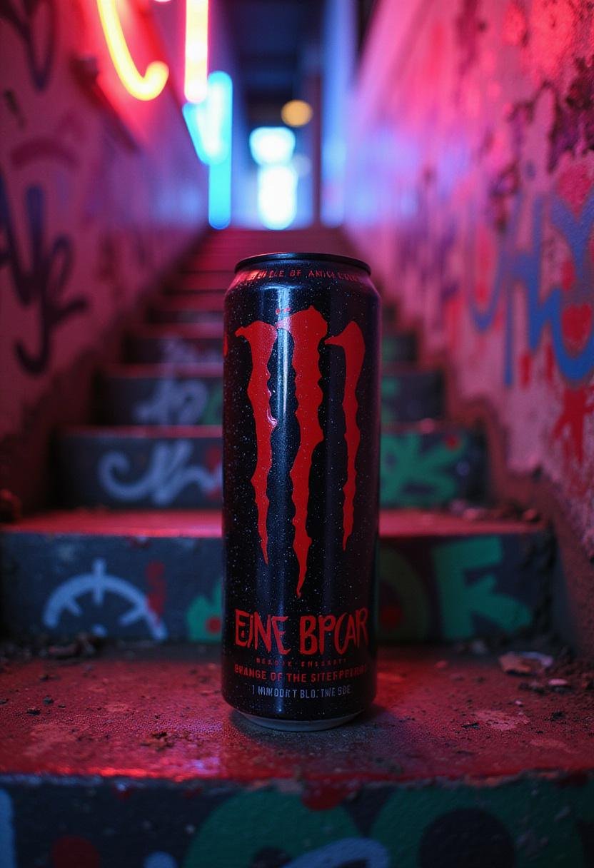 Joker The Stairs Dance Energy Drink in a tall glass, vibrant red and black colors, on a gritty staircase with graffiti and neon lighting, inspired by the Joker movie.