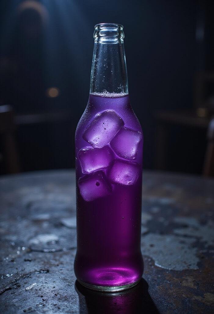 Joker Why So Serious? Grape Soda served in vintage glass bottle with ice in a Gotham City-themed setting