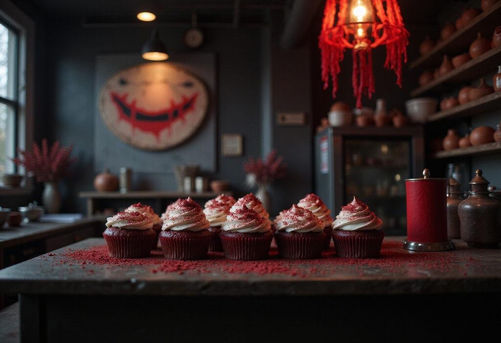 Joker's Smile Red Velvet Cupcakes on a dark bakery counter with villain-themed decorations, inspired by the Joker movie