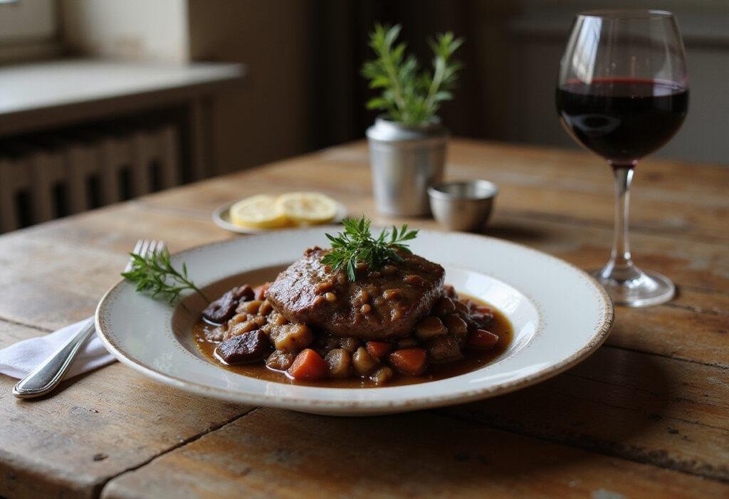 Juicy boeuf bourguignon served in a French-inspired setting, highlighting Julie & Julia recipes and Julia Child's classic French dish.