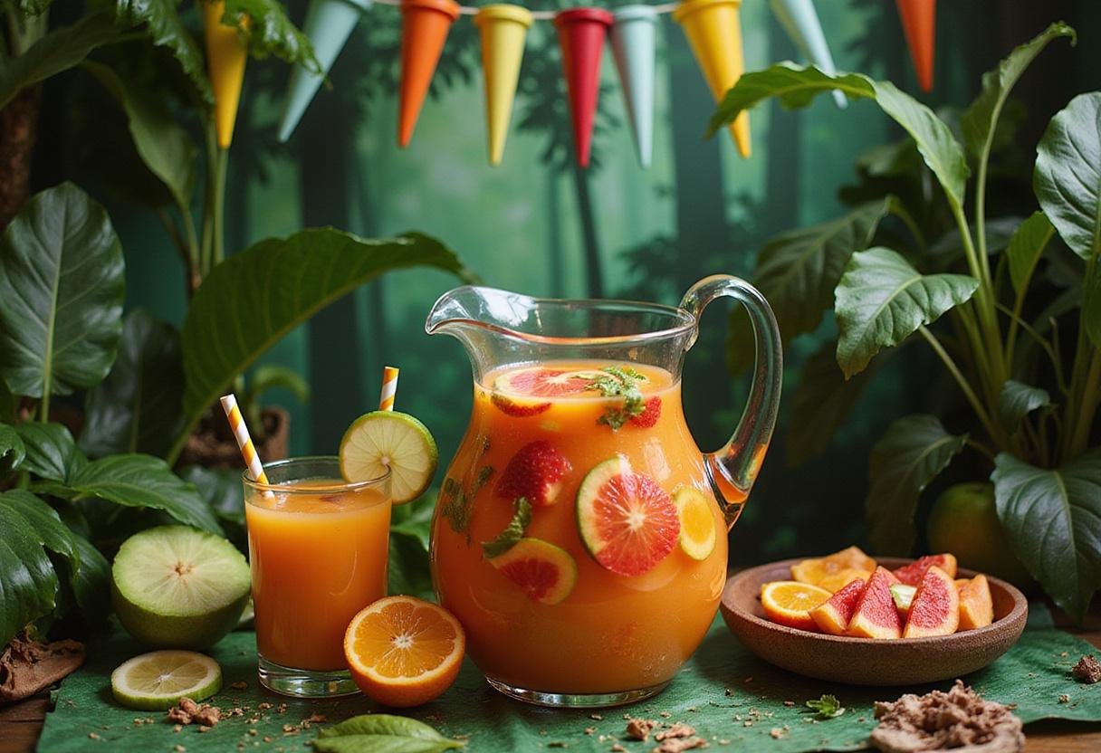 Jumanji's Jungle Juice served in a tropical-themed setting with colorful fruit punch, perfect for movie party drinks and jungle-themed celebrations